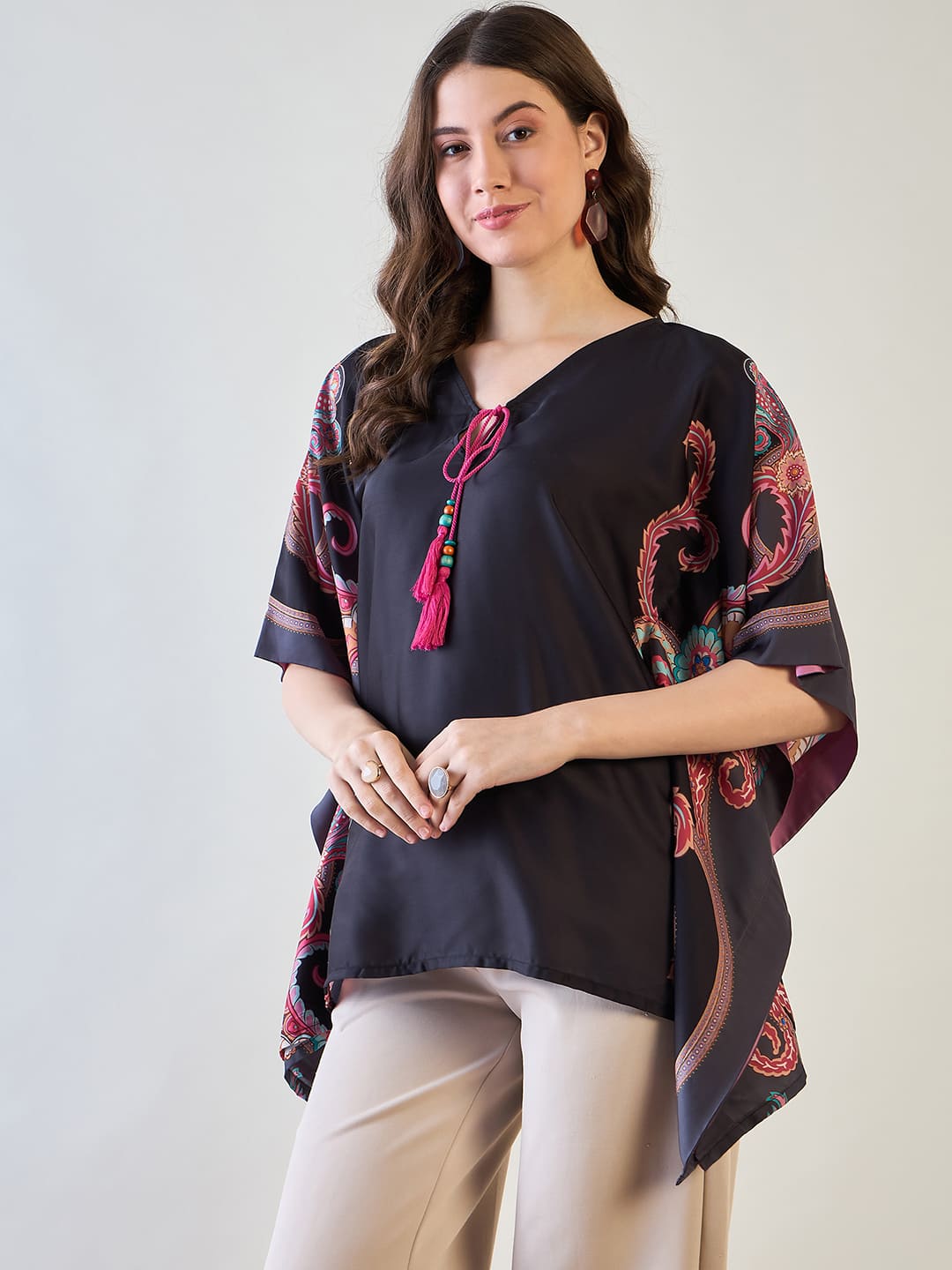 The Kaftan Company Tops Black and Pink Floral Kaftan Top