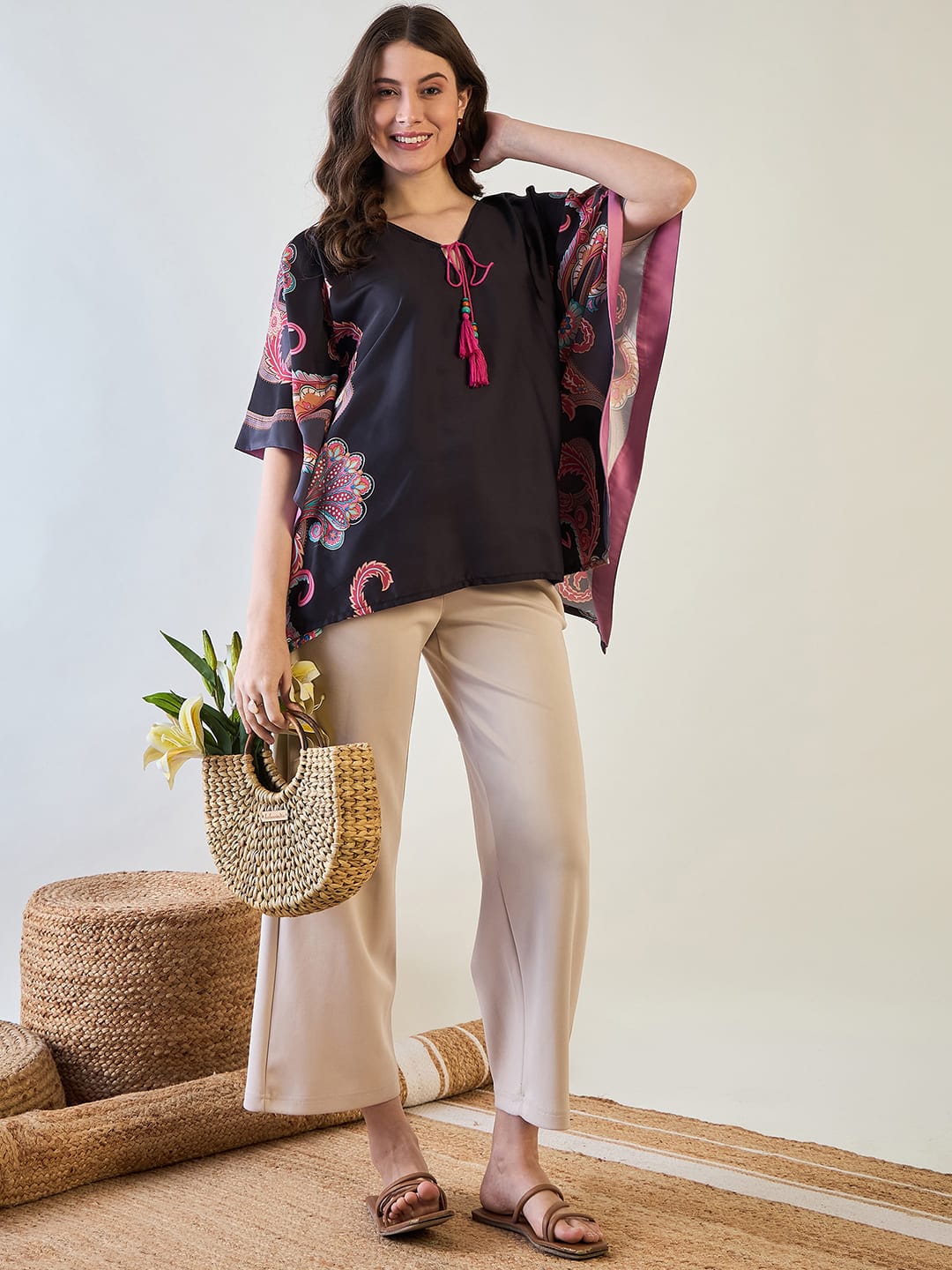 The Kaftan Company Tops Black and Pink Floral Kaftan Top