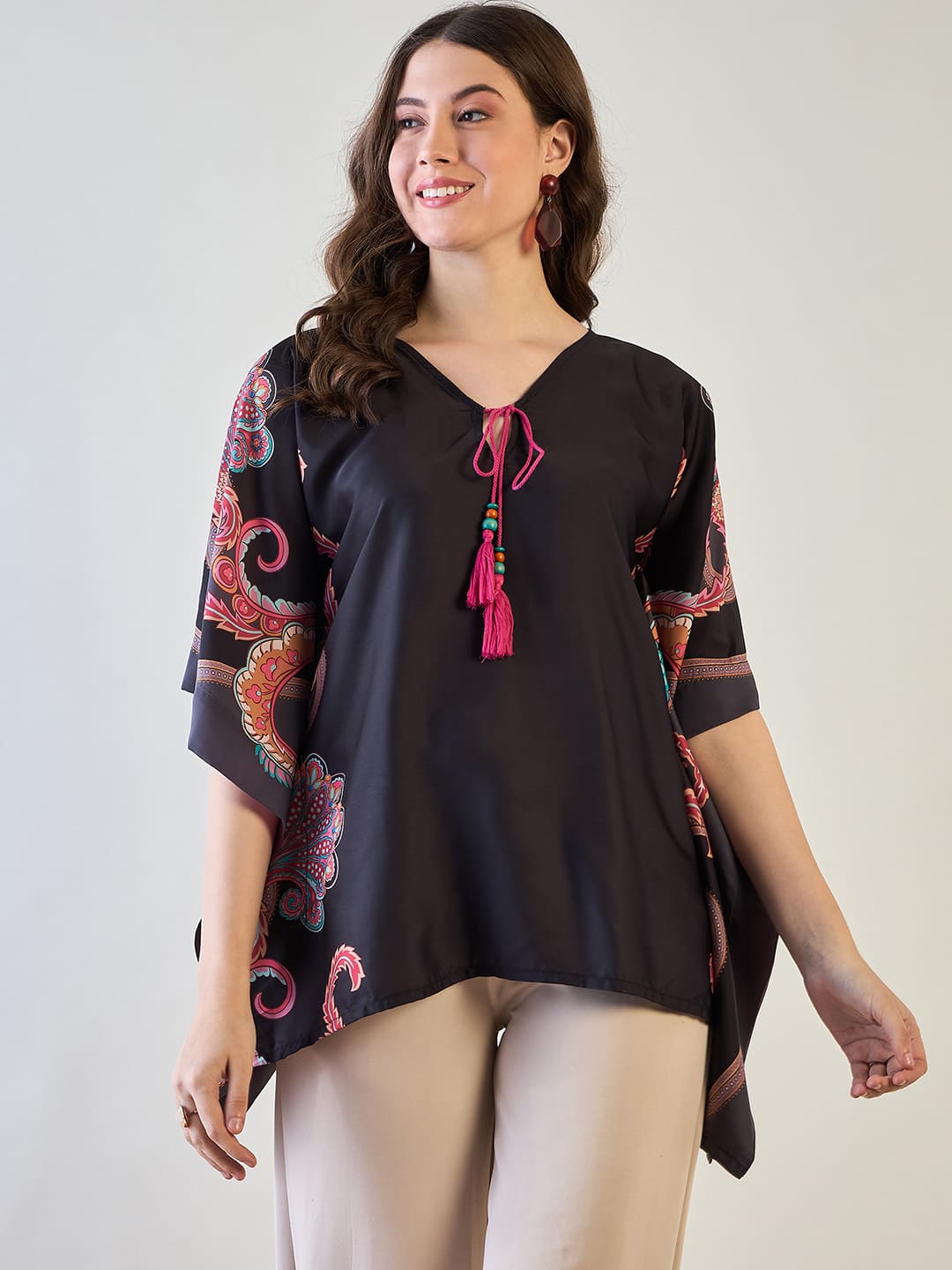 The Kaftan Company Tops Black and Pink Floral Kaftan Top
