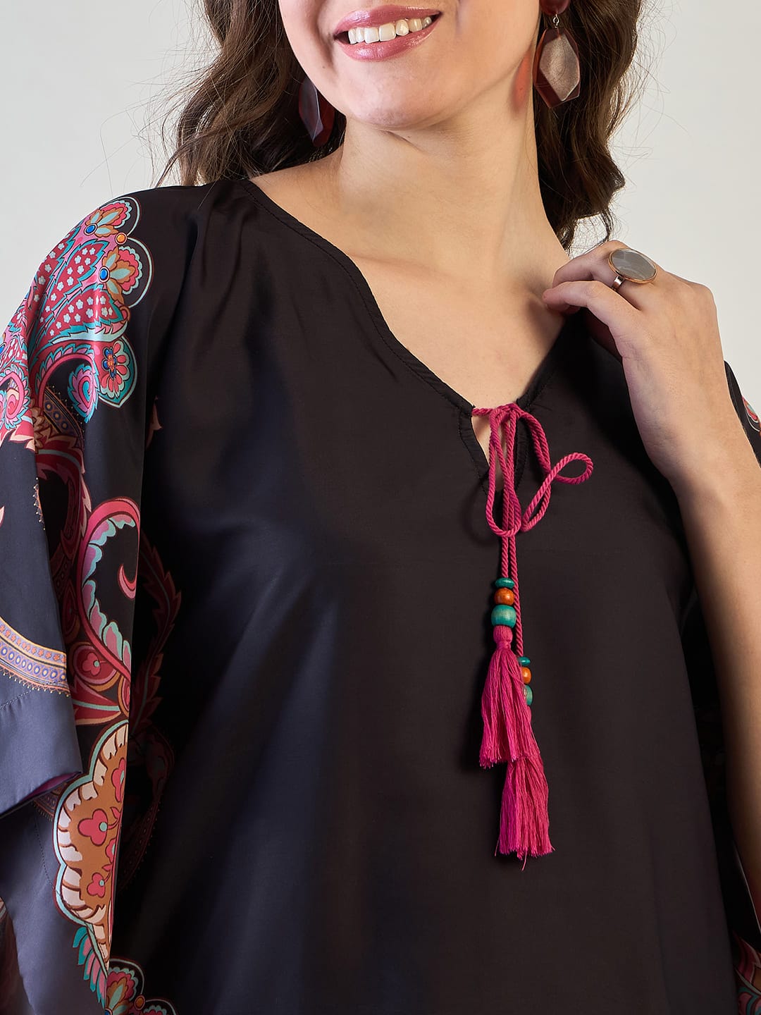 The Kaftan Company Tops Black and Pink Floral Kaftan Top