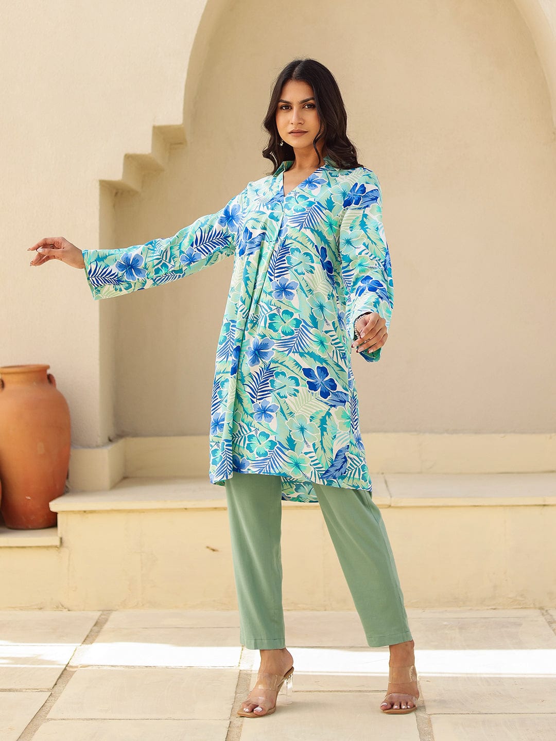 The Kaftan Company Tops Blue and Green Tropical Print Viscose Kurta