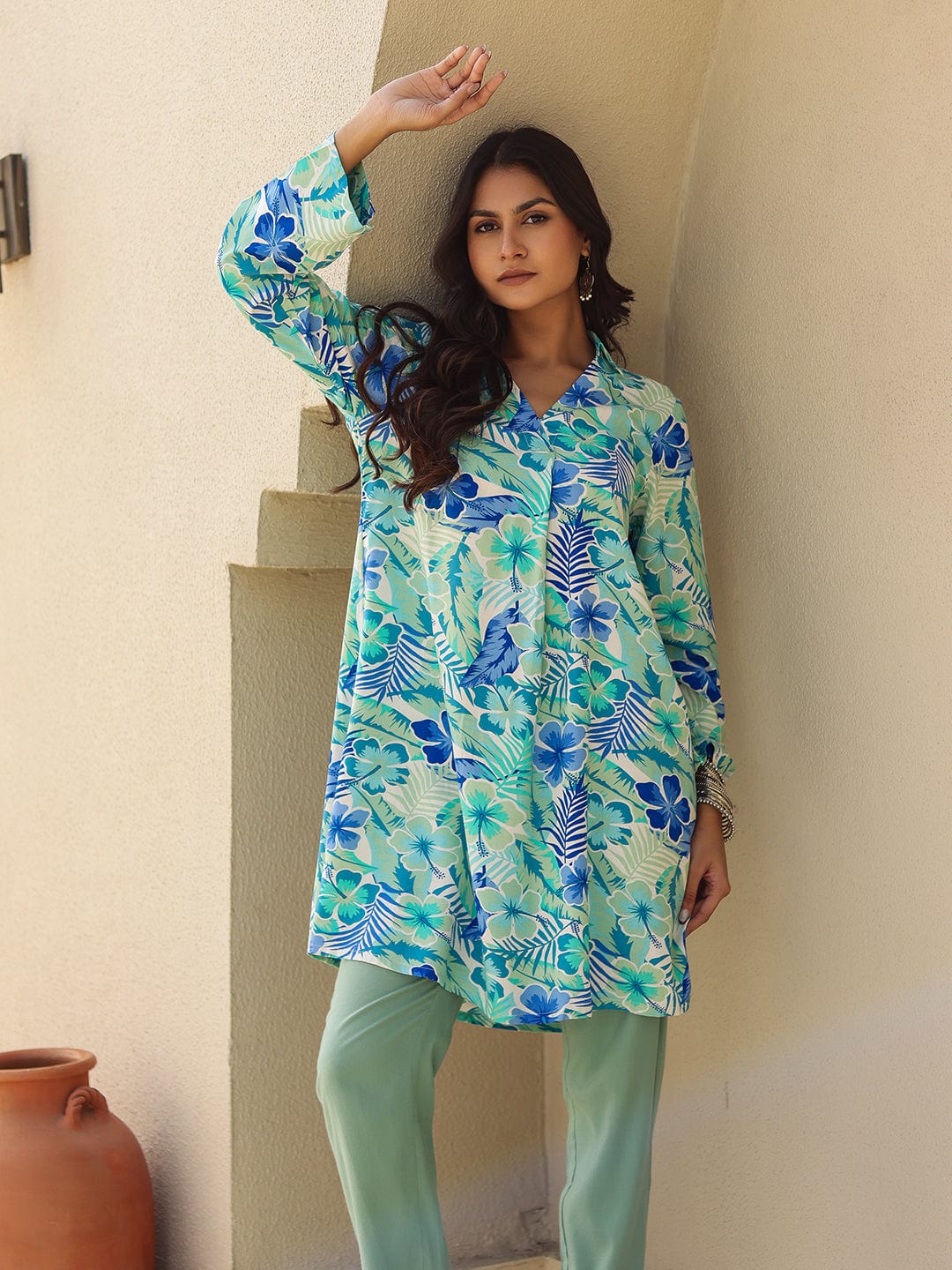 The Kaftan Company Tops Blue and Green Tropical Print Viscose Kurta