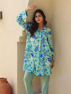 The Kaftan Company Tops Blue and Green Tropical Print Viscose Kurta