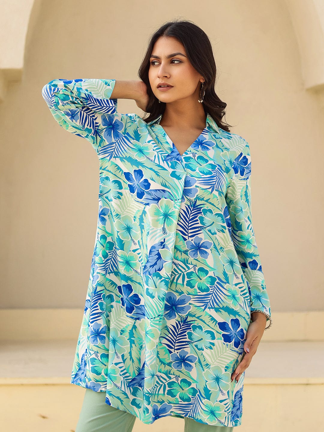 The Kaftan Company Tops Blue and Green Tropical Print Viscose Kurta