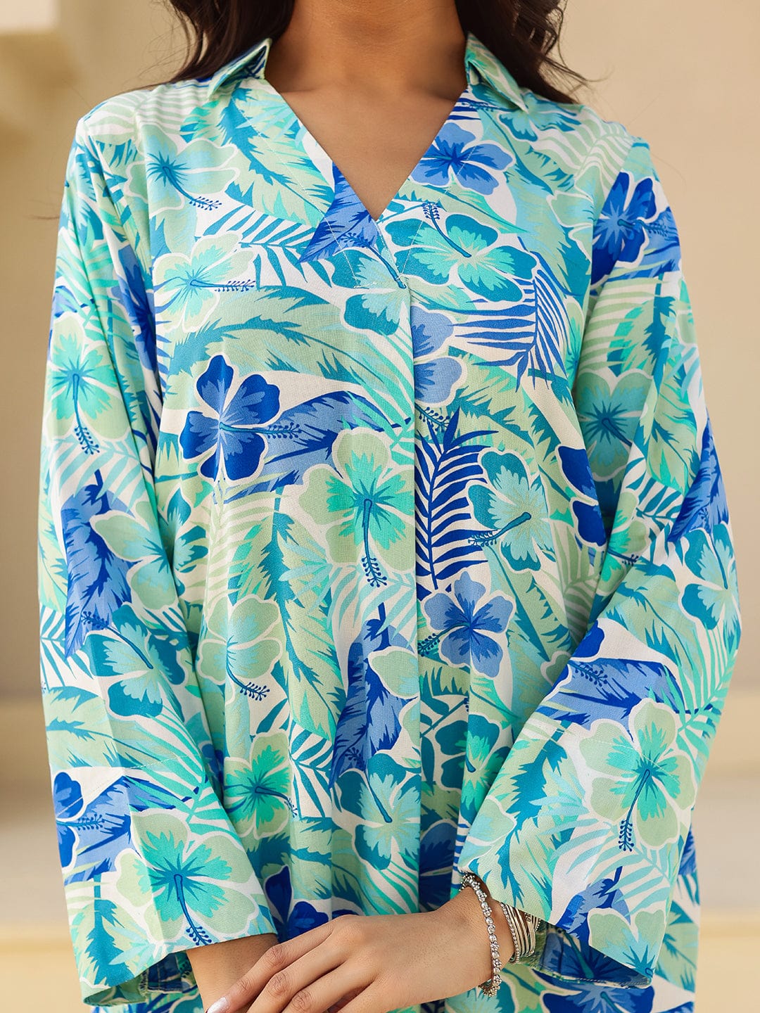 The Kaftan Company Tops Blue and Green Tropical Print Viscose Kurta