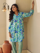 The Kaftan Company Tops Blue and Green Tropical Print Viscose Kurta