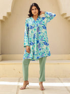 The Kaftan Company Tops Blue and Green Tropical Print Viscose Kurta