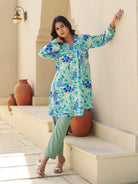 The Kaftan Company Tops Blue and Green Tropical Print Viscose Kurta