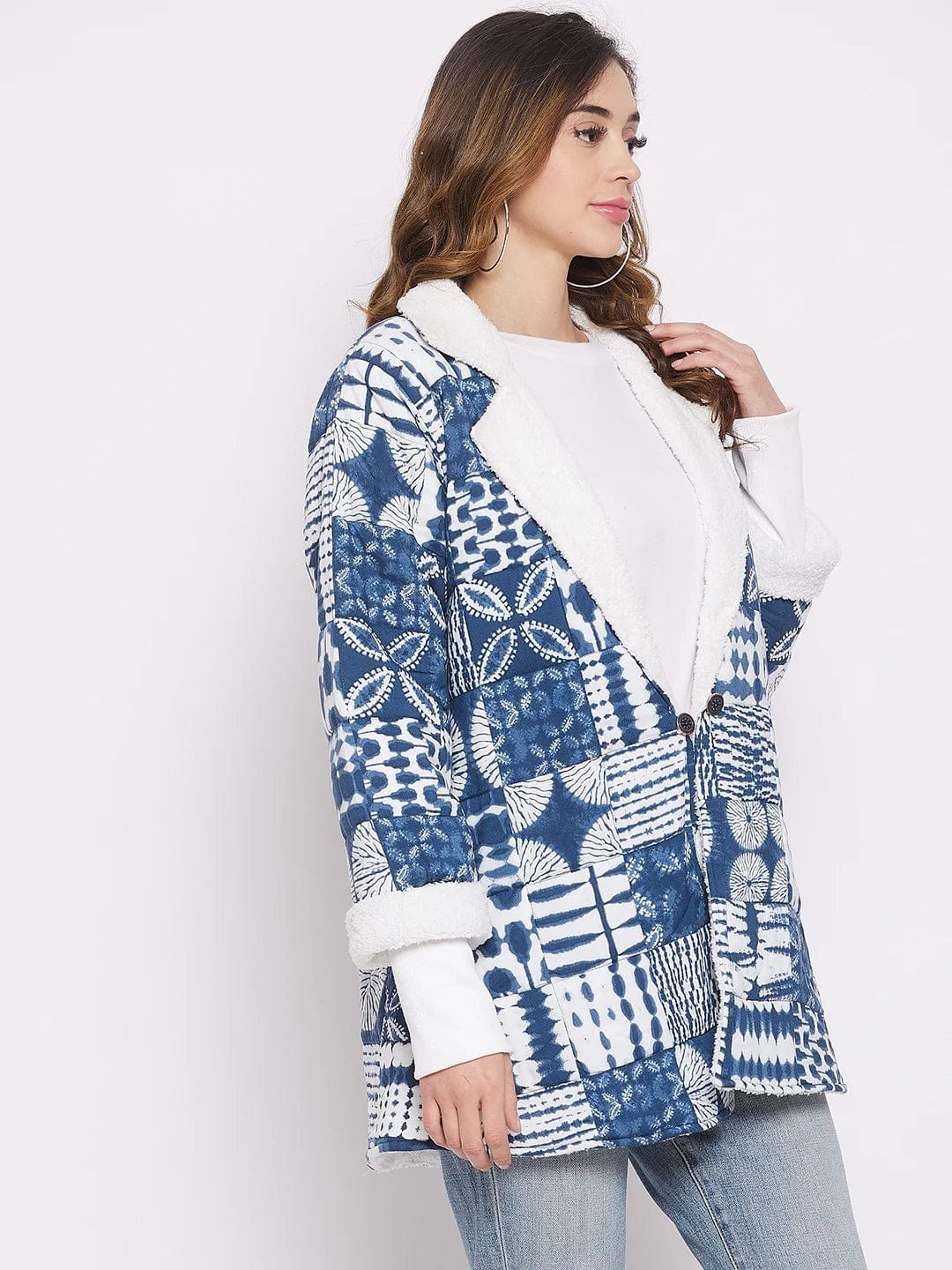 The Kaftan Company Tops Blue Floral And Geometric Quilted Jacket