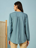 The Kaftan Company Tops Blue Modal Top with Bird Embroidery