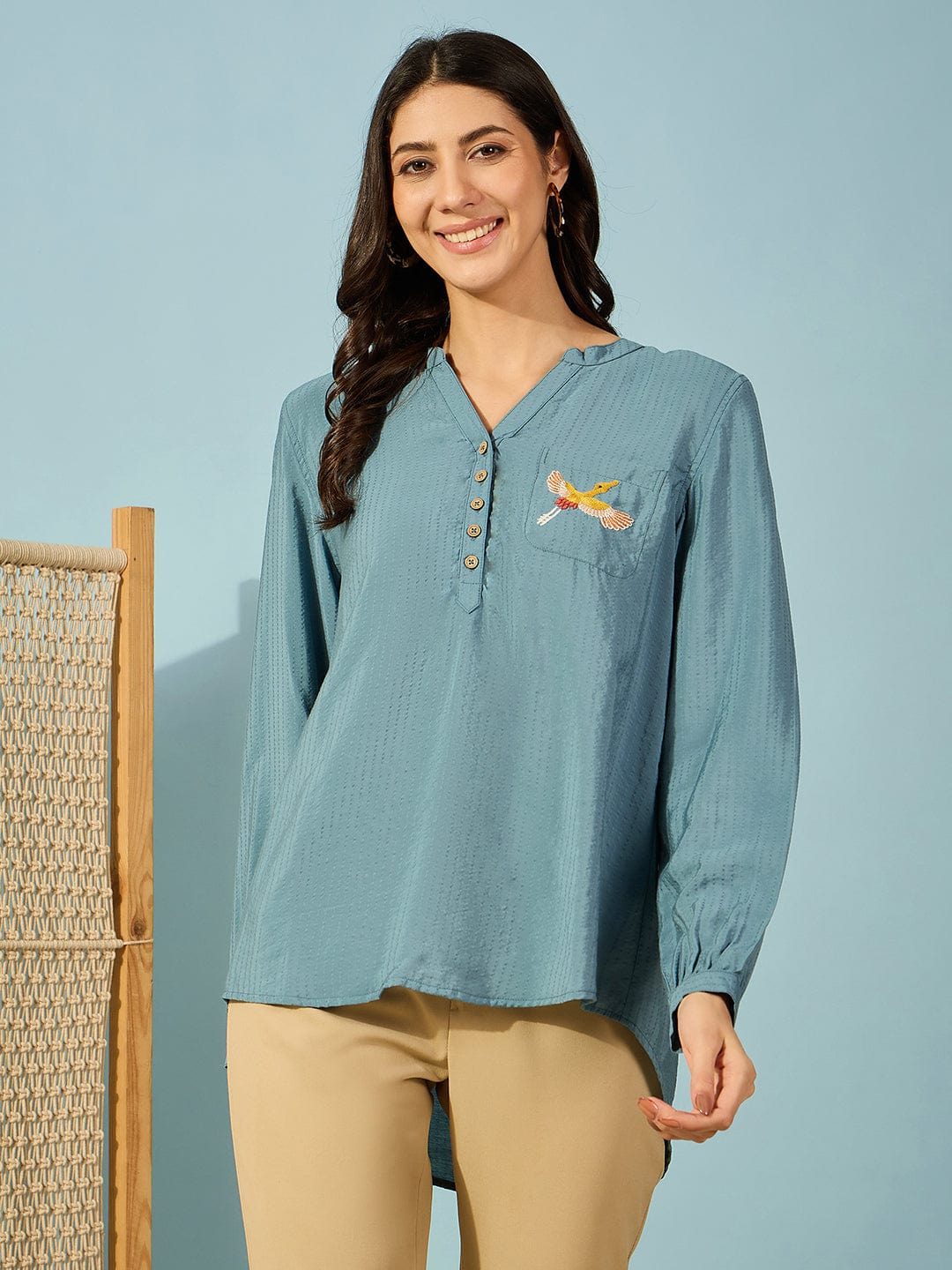 The Kaftan Company Tops Blue Modal Top with Bird Embroidery