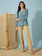 The Kaftan Company Tops Blue Modal Top with Bird Embroidery