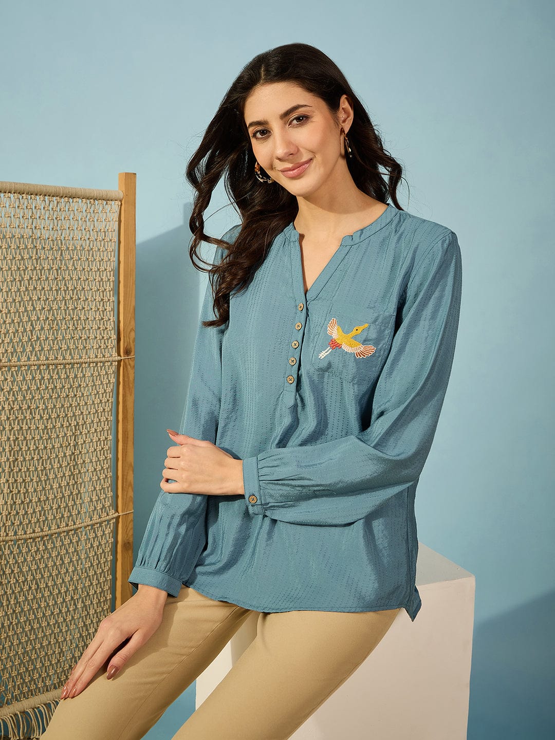 Buy Women Blue Modal Long Sleeves Top With Bird Embroidery - The