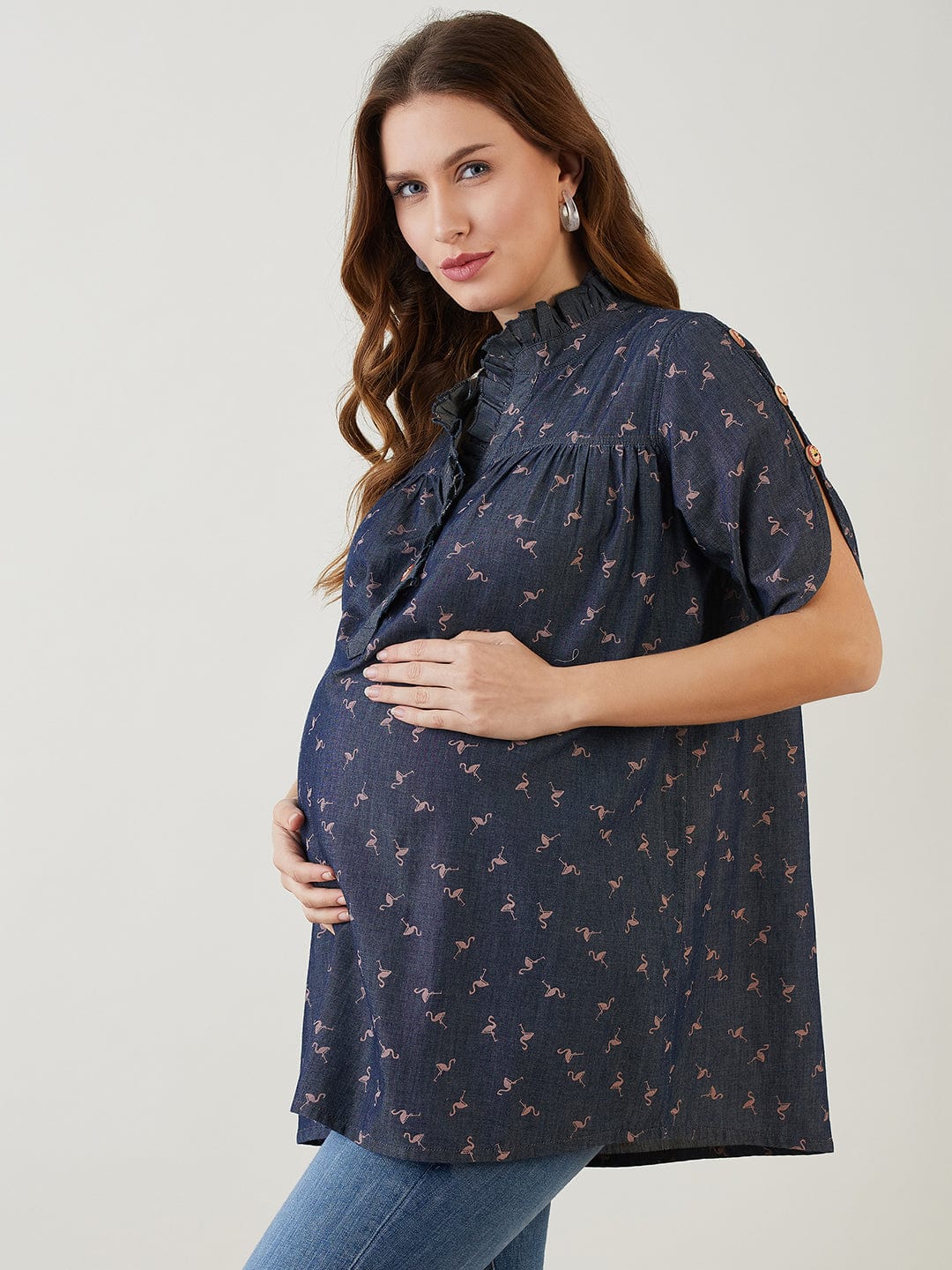 The Kaftan Company Tops Blue Swan Printed Denim Nursing Top