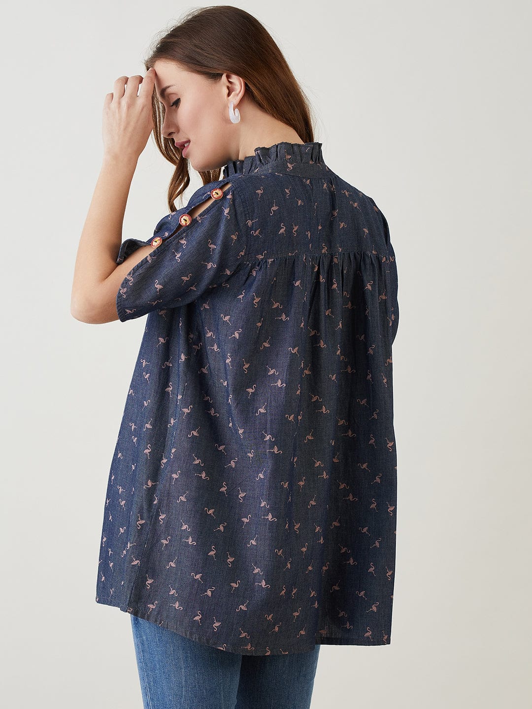 The Kaftan Company Tops Blue Swan Printed Denim Nursing Top