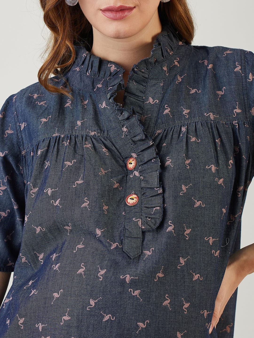 The Kaftan Company Tops Blue Swan Printed Denim Nursing Top