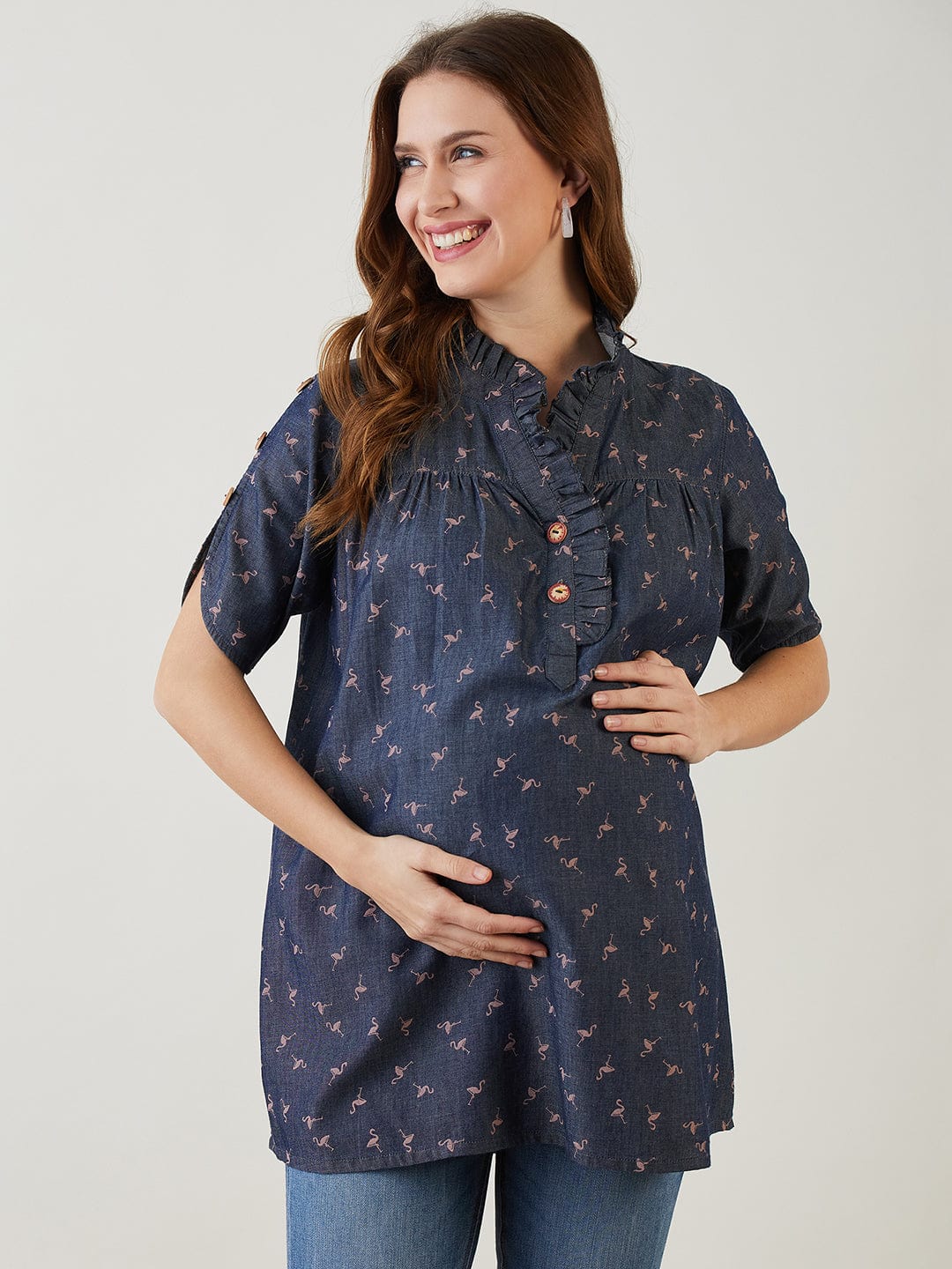 The Kaftan Company Tops Blue Swan Printed Denim Nursing Top