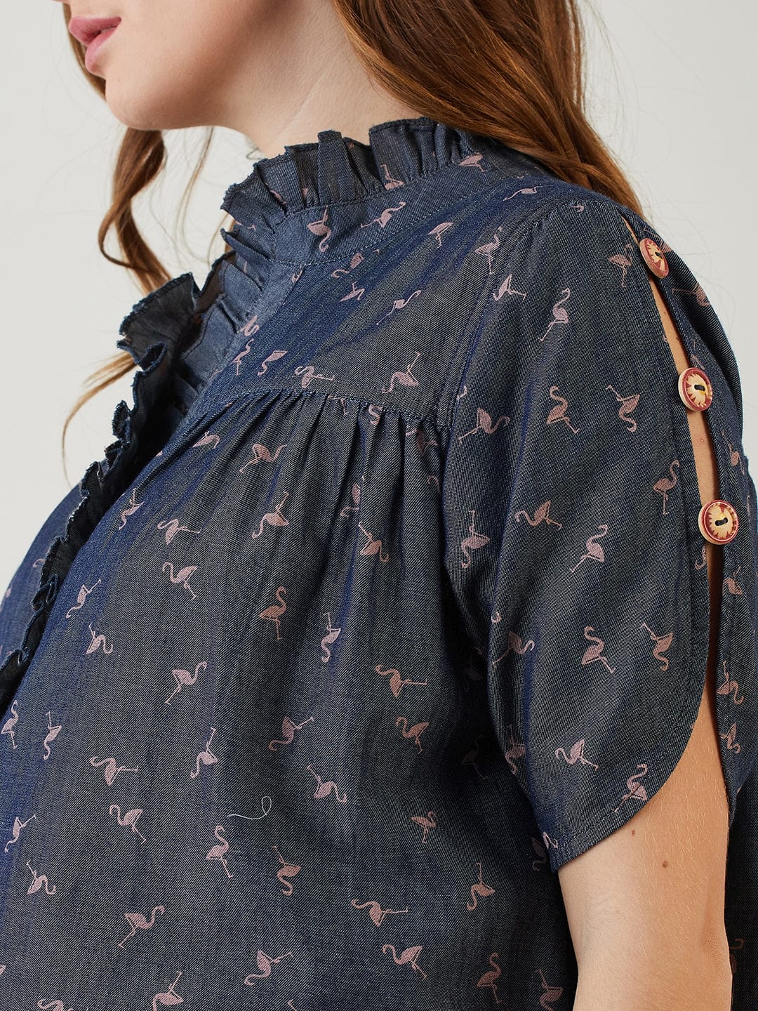 The Kaftan Company Tops Blue Swan Printed Denim Nursing Top