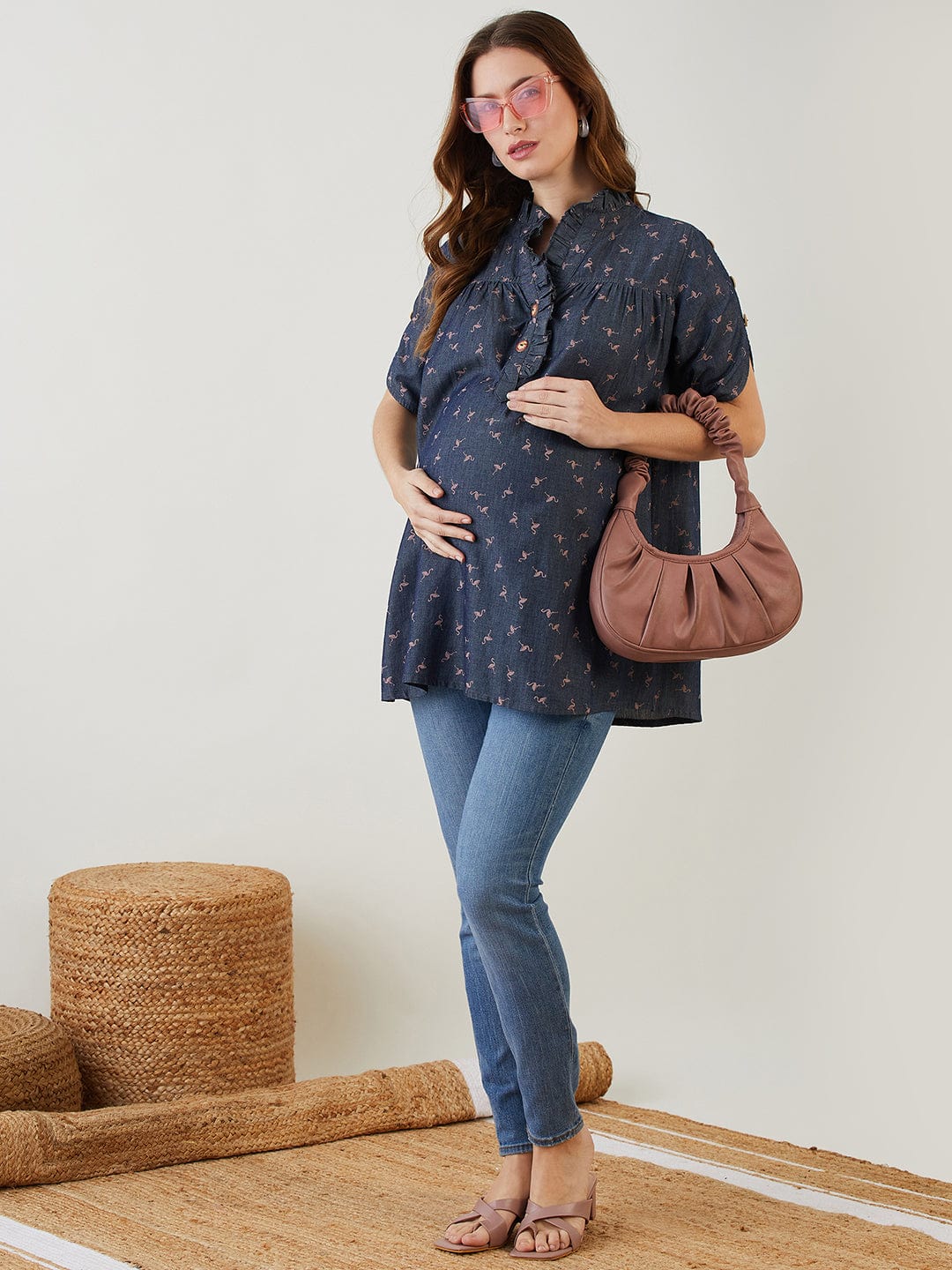The Kaftan Company Tops Blue Swan Printed Denim Nursing Top