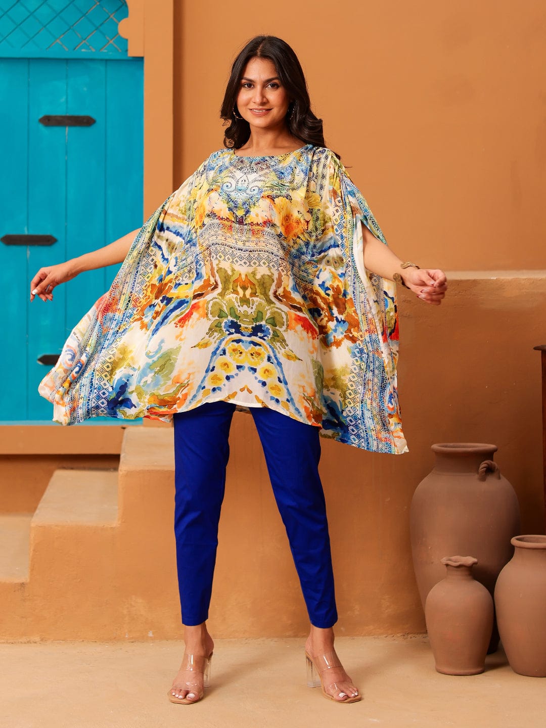 The Kaftan Company Tops Bohemian Abstract Printed Natural Crepe Kaftan Top