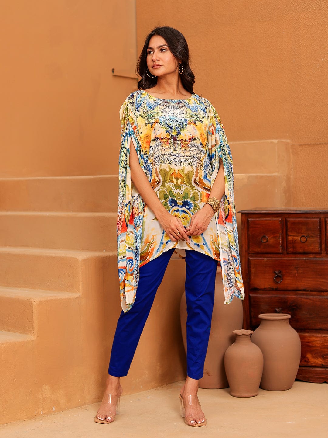 The Kaftan Company Tops Bohemian Abstract Printed Natural Crepe Kaftan Top
