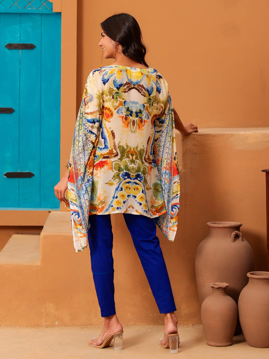 The Kaftan Company Tops Bohemian Abstract Printed Natural Crepe Kaftan Top