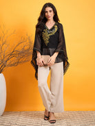 The Kaftan Company Tops Bright Gold Embroidered Black Kaftan Top