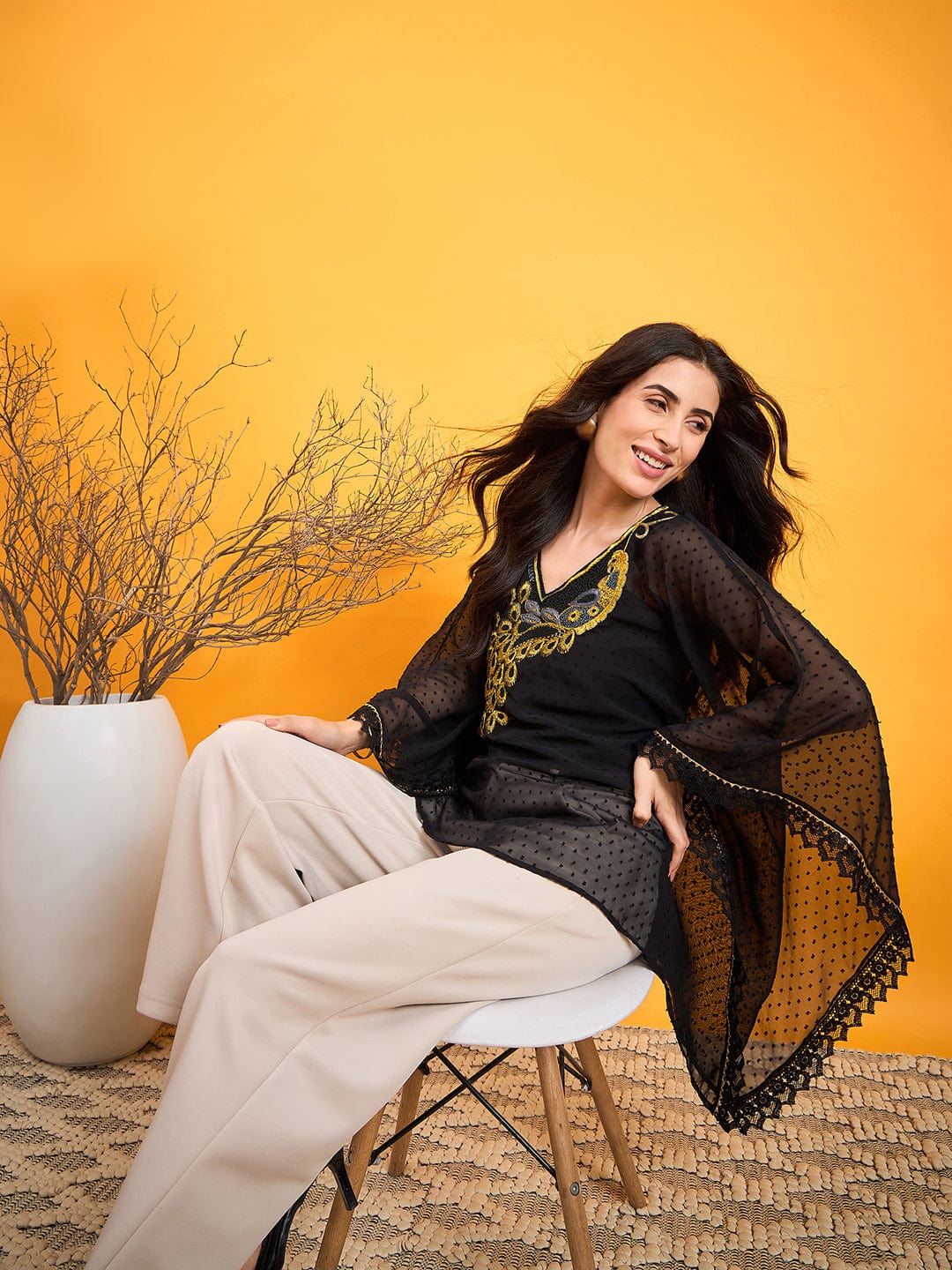 The Kaftan Company Tops Bright Gold Embroidered Black Kaftan Top
