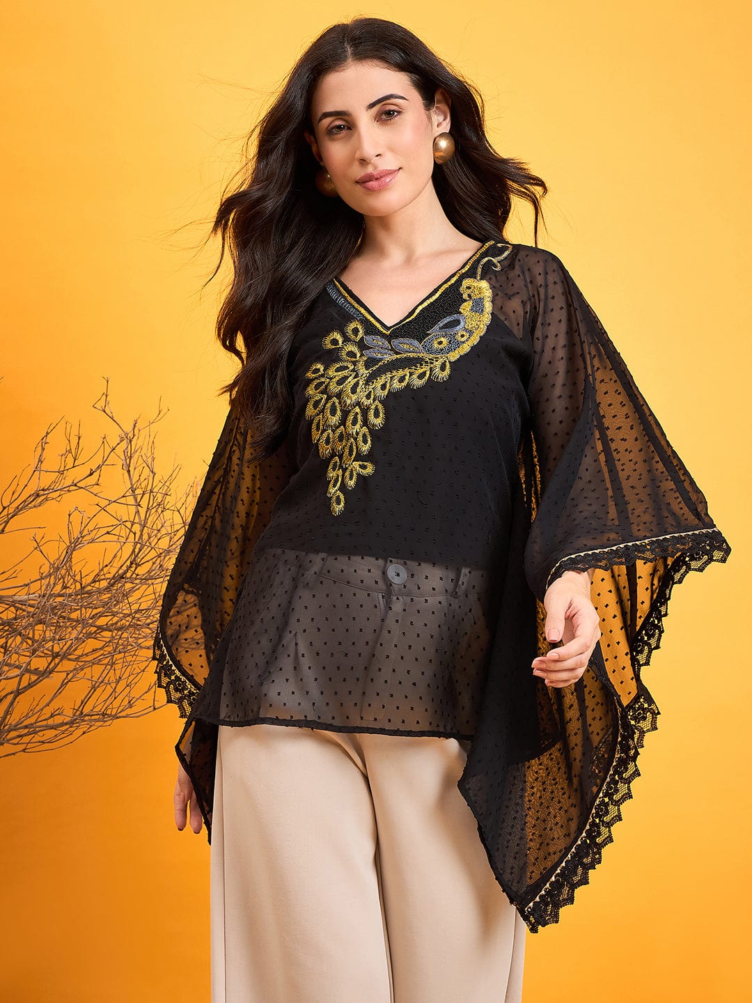 The Kaftan Company Tops Bright Gold Embroidered Black Kaftan Top
