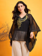 The Kaftan Company Tops Bright Gold Embroidered Black Kaftan Top