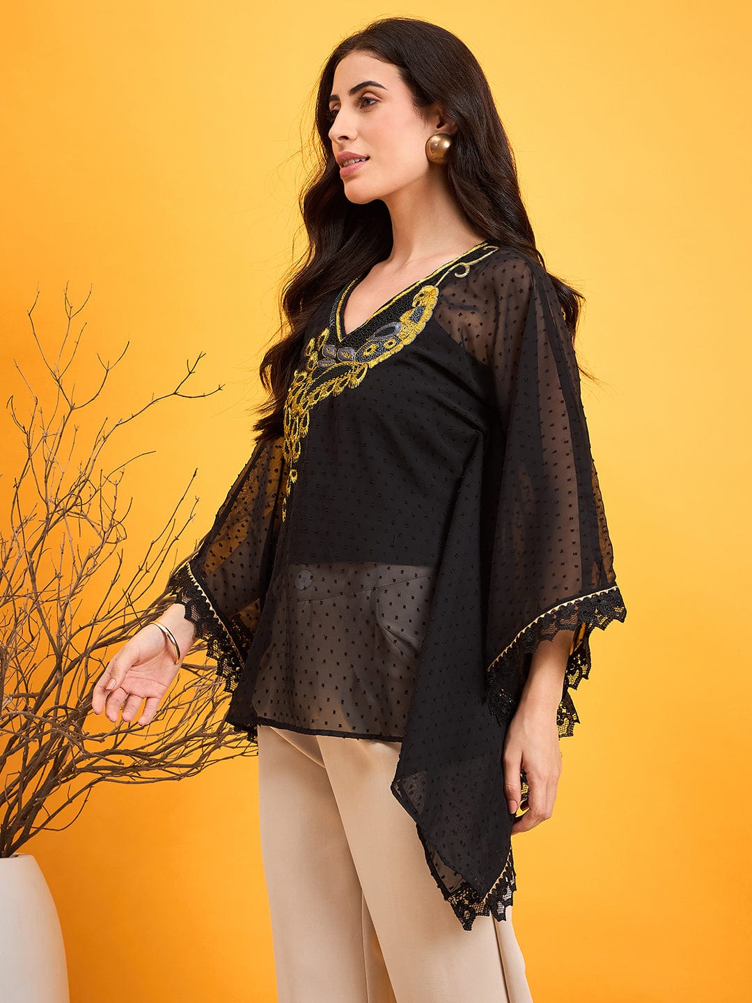 The Kaftan Company Tops Bright Gold Embroidered Black Kaftan Top
