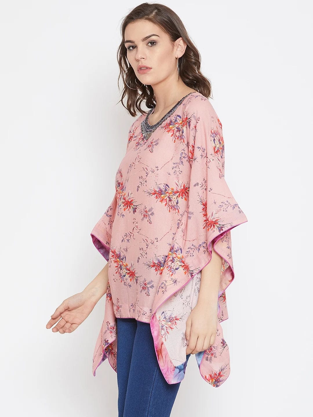 The Kaftan Company Tops Exotic Floral Pink Kaftan Top with Hand Embroidery