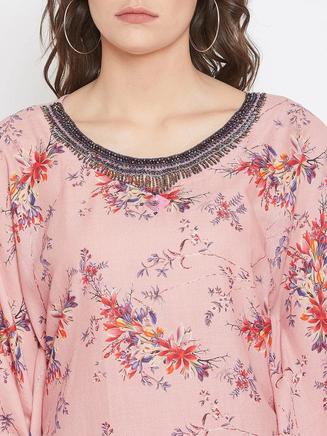 The Kaftan Company Tops Exotic Floral Pink Kaftan Top with Hand Embroidery