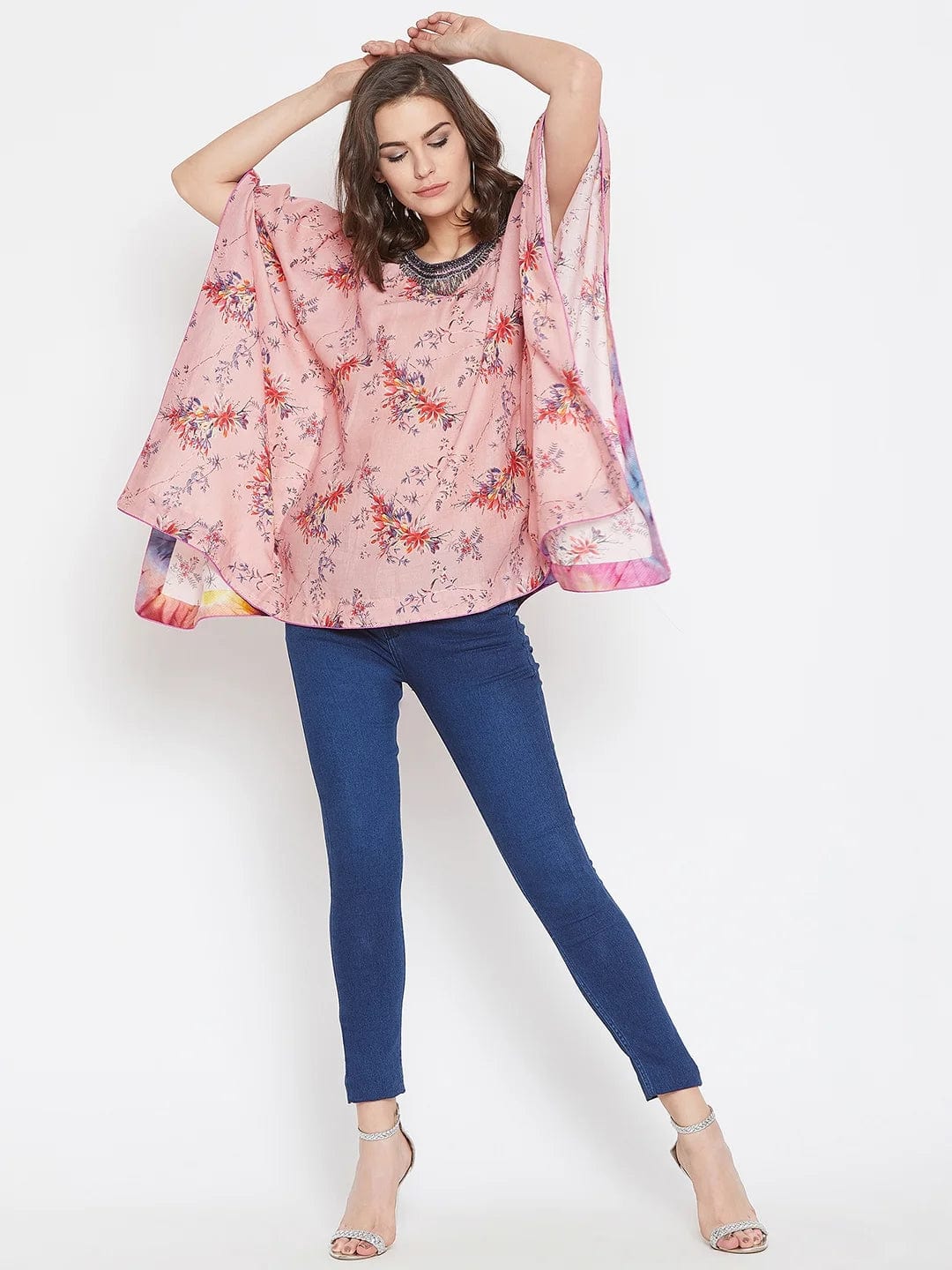 The Kaftan Company Tops Exotic Floral Pink Kaftan Top with Hand Embroidery