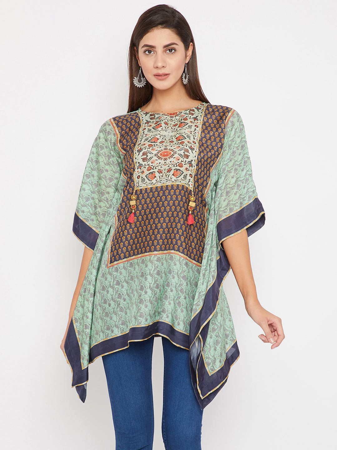 The Kaftan Company Tops Green And Blue Floral Printed Kaftan Top