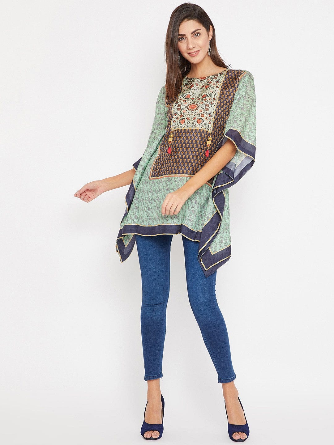 The Kaftan Company Tops Green And Blue Floral Printed Kaftan Top