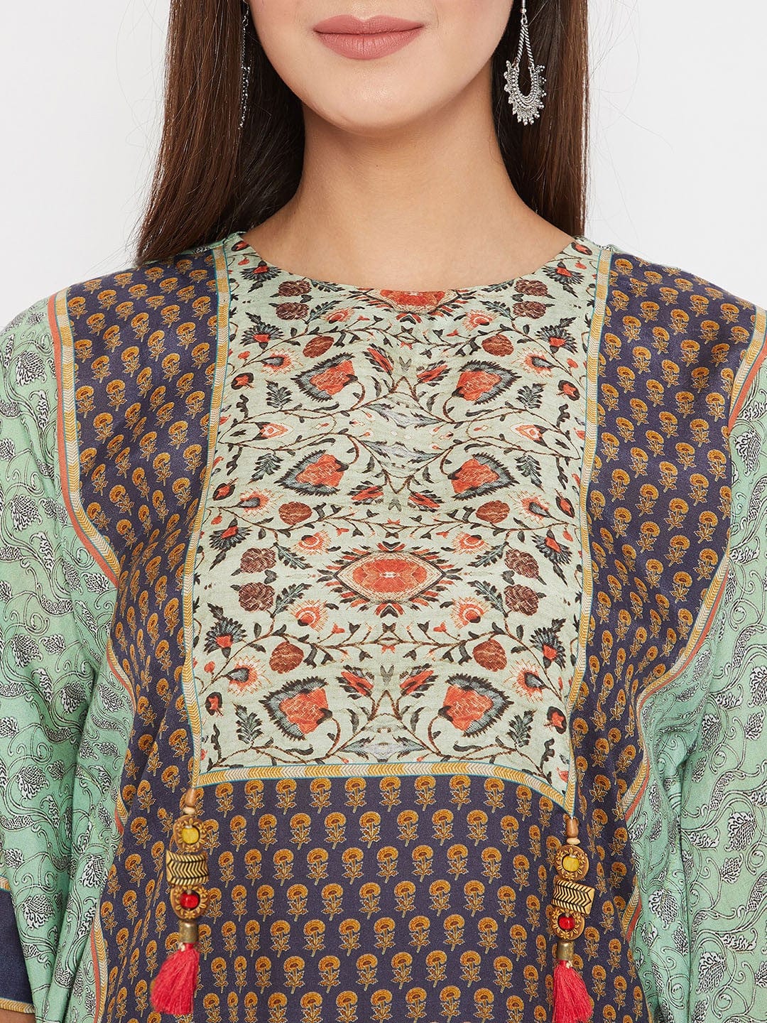 The Kaftan Company Tops Green And Blue Floral Printed Kaftan Top