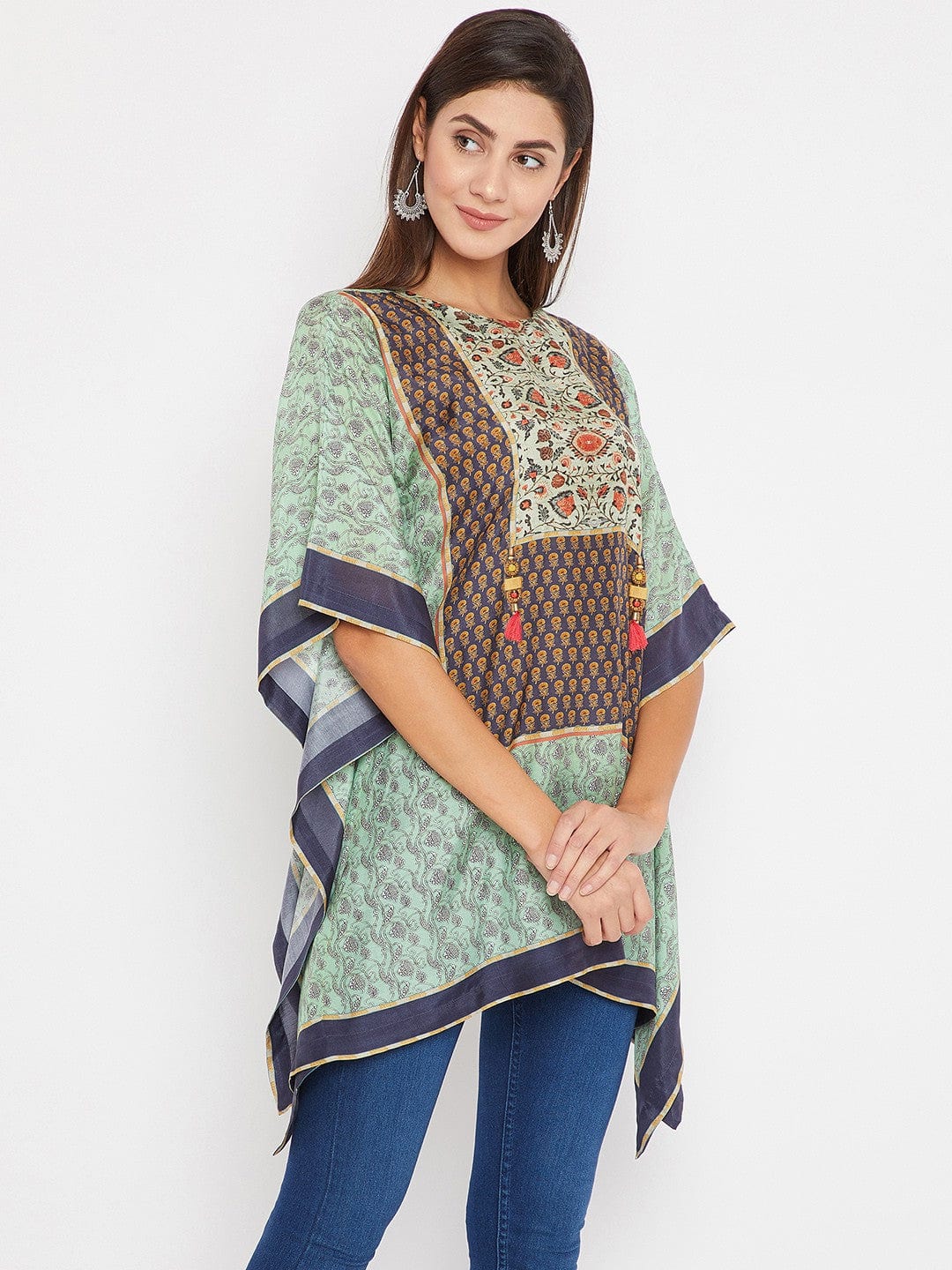 The Kaftan Company Tops Green And Blue Floral Printed Kaftan Top
