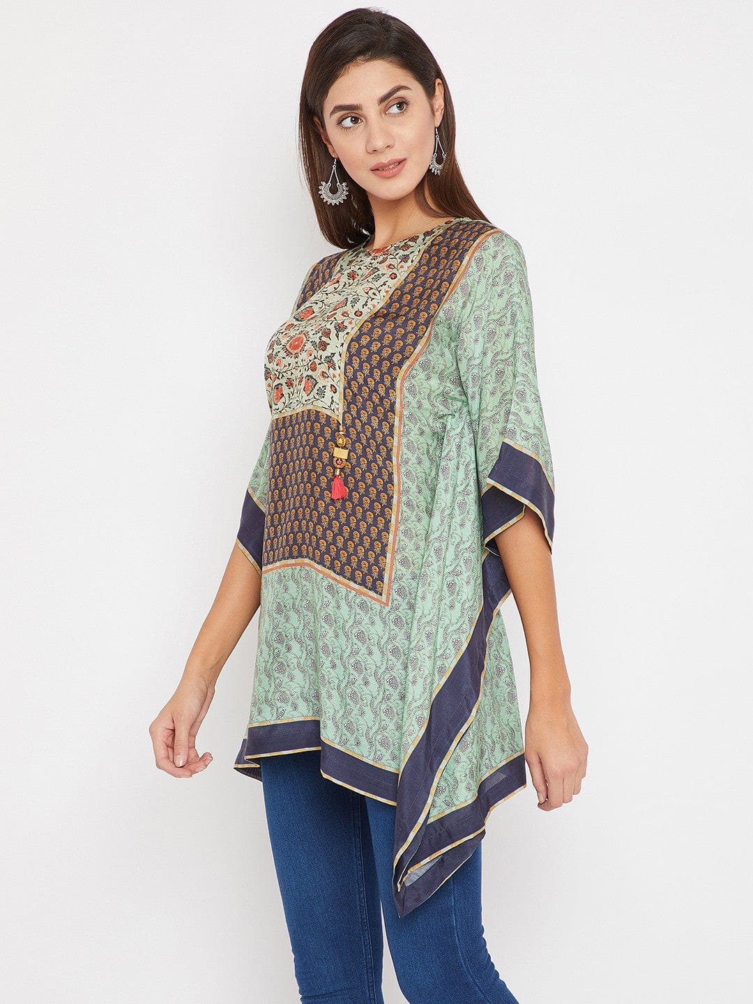 The Kaftan Company Tops Green And Blue Floral Printed Kaftan Top