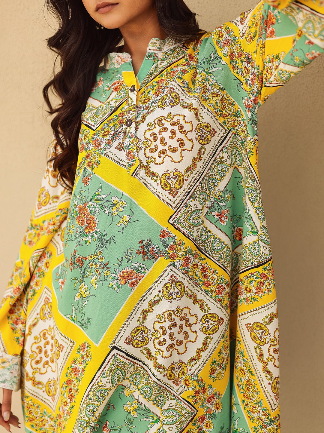 The Kaftan Company Tops Green and Yellow Scarf Print Asymmetrical Top