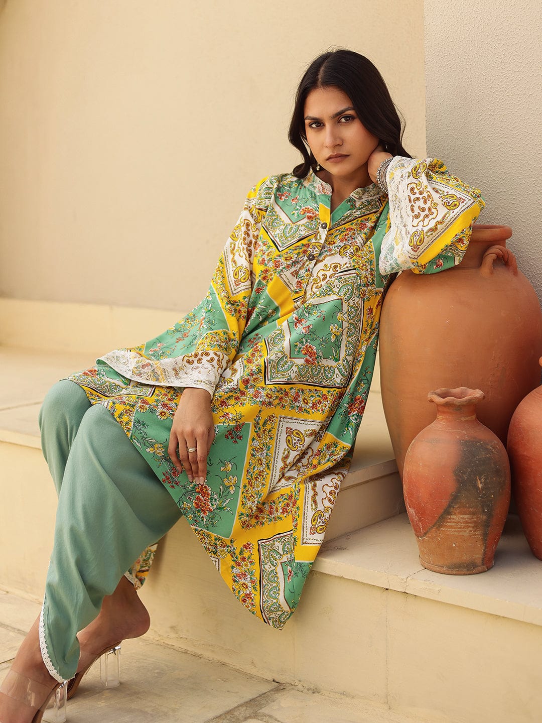 The Kaftan Company Tops Green and Yellow Scarf Print Asymmetrical Top