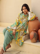 The Kaftan Company Tops Green and Yellow Scarf Print Asymmetrical Top