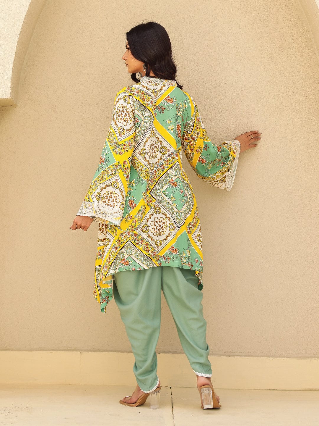 The Kaftan Company Tops Green and Yellow Scarf Print Asymmetrical Top
