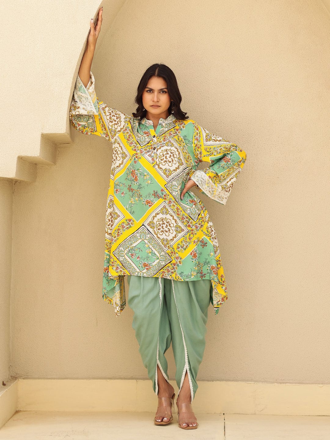 The Kaftan Company Tops Green and Yellow Scarf Print Asymmetrical Top