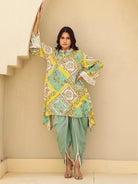 The Kaftan Company Tops Green and Yellow Scarf Print Asymmetrical Top