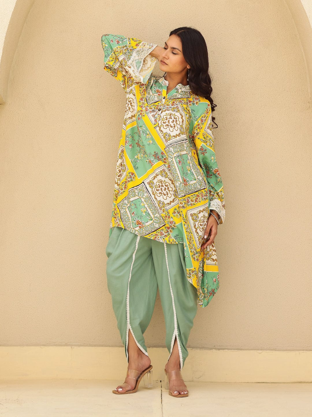 The Kaftan Company Tops Green and Yellow Scarf Print Asymmetrical Top