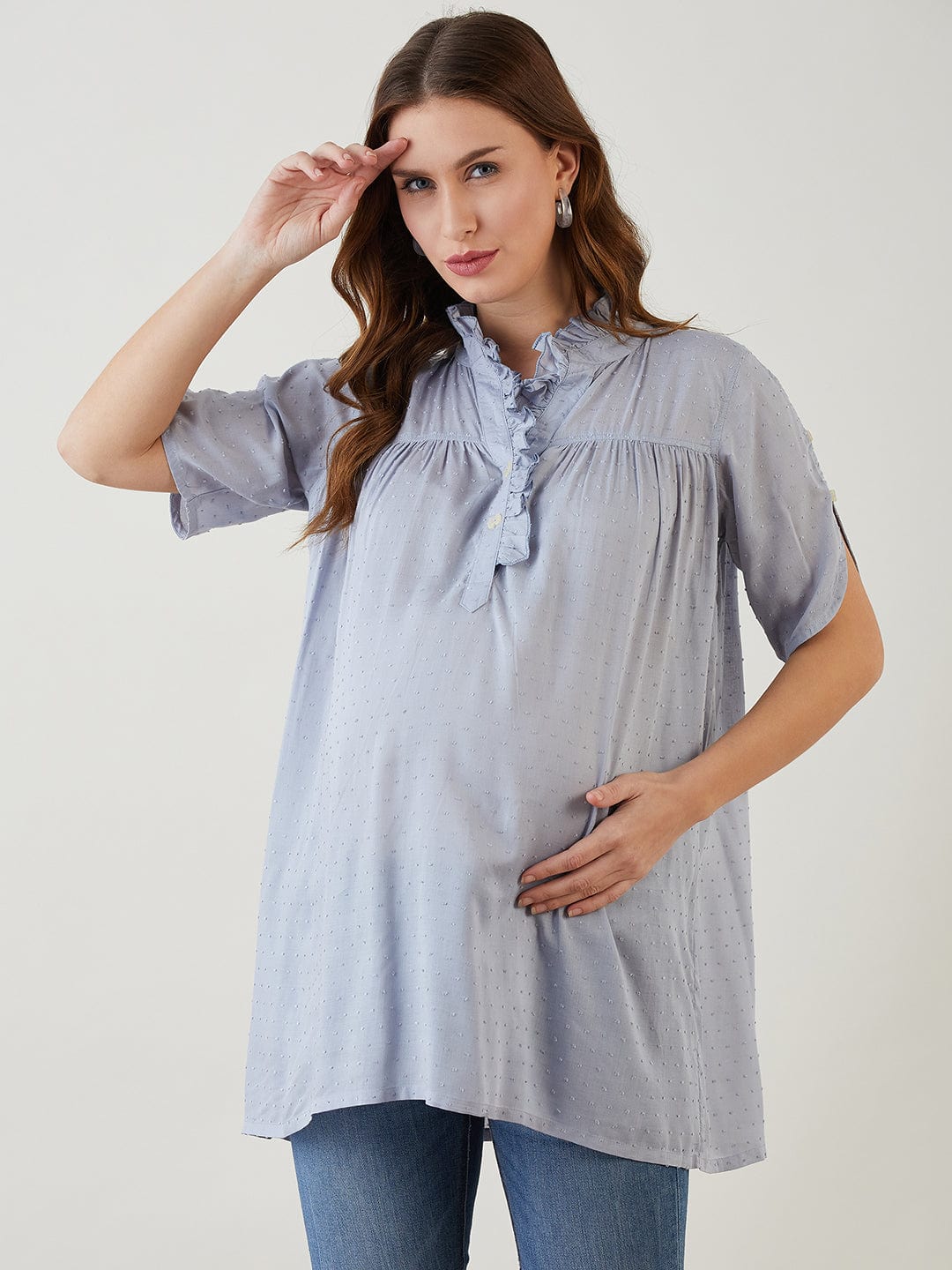 The Kaftan Company Tops Grey Modal Dobby Ruffle Nursing Top