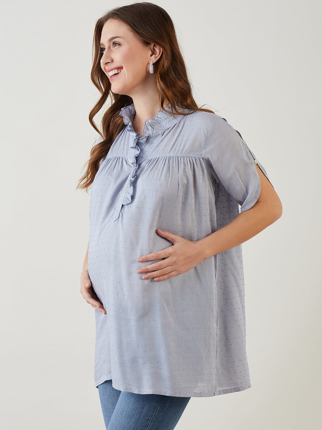 The Kaftan Company Tops Grey Modal Dobby Ruffle Nursing Top