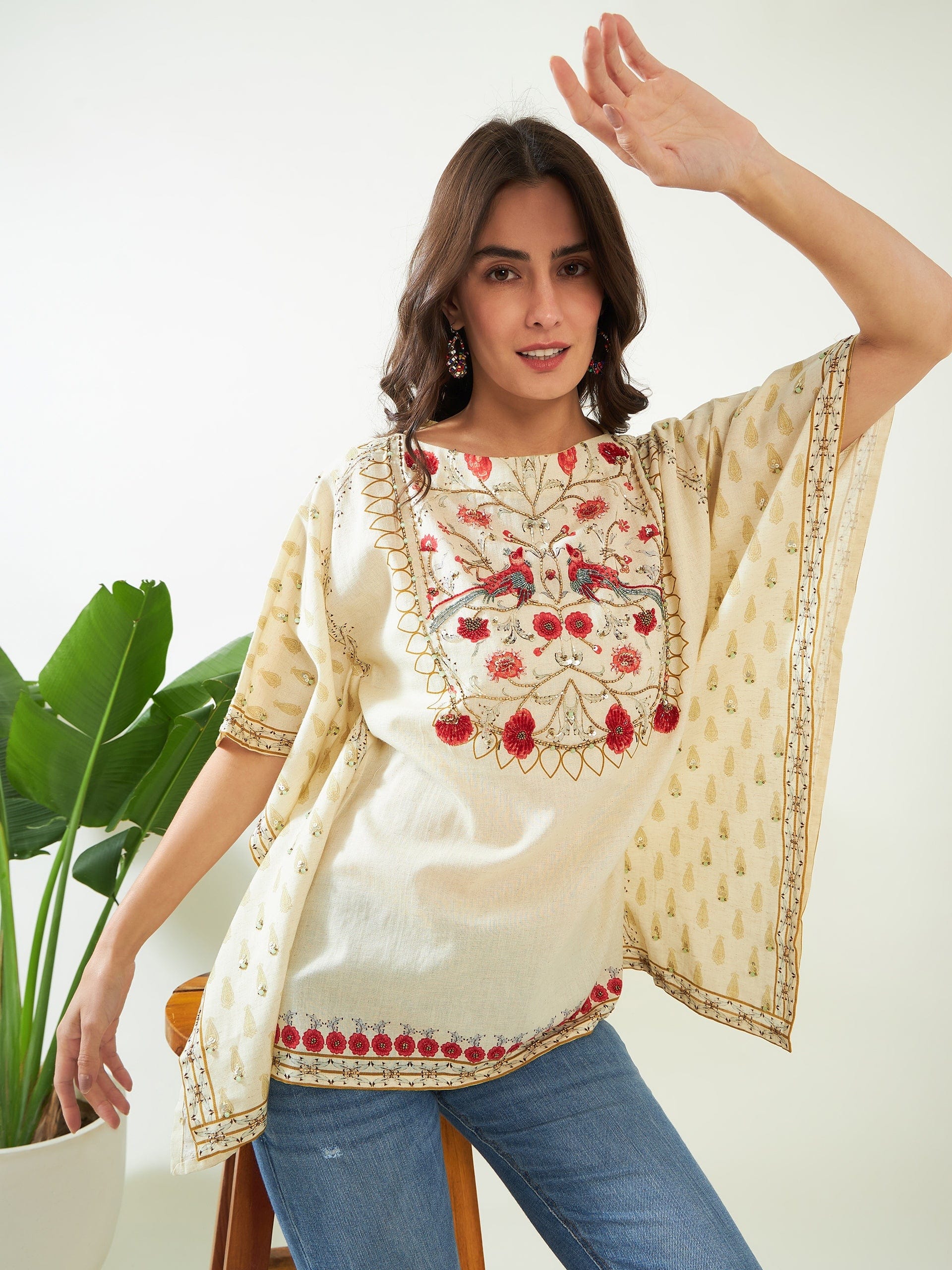 The Kaftan Company Tops Ivory Blossom Artistic Hand Embroidered Kaftan Top