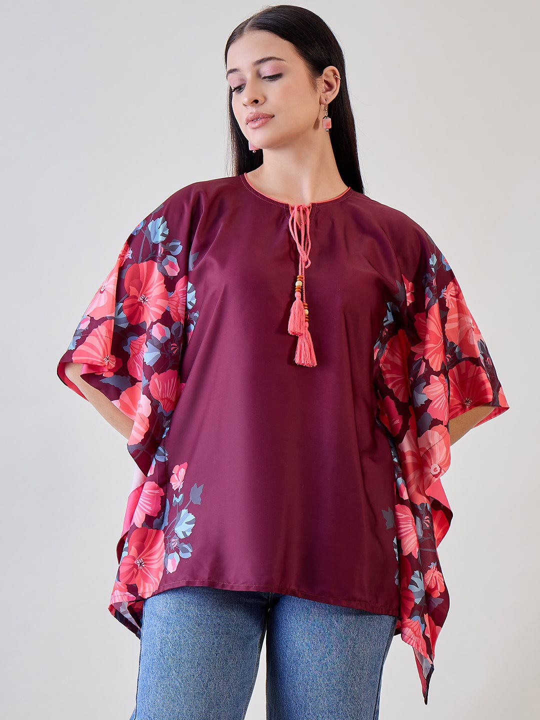 The Kaftan Company Tops Maroon Floral Kaftan Crop Top